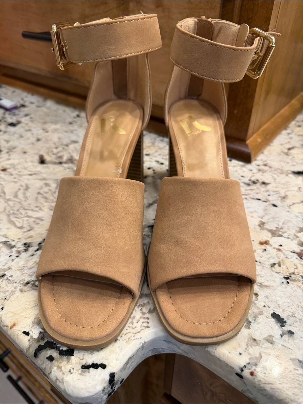 Report Tan Open-Toe Ankle Strap Block Heel Sandals